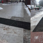 Położono gumowe maty przed wejściem na deptak. Radny komentuje: „Mamy wprawę w przenoszeniu wycieraczek…”