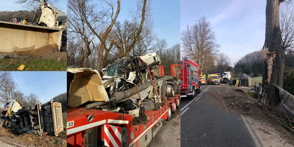 Brodnica Górna. Wypadek samochodu ciężarowego z tłuczniem. Kierowcę zabrało pogotowie